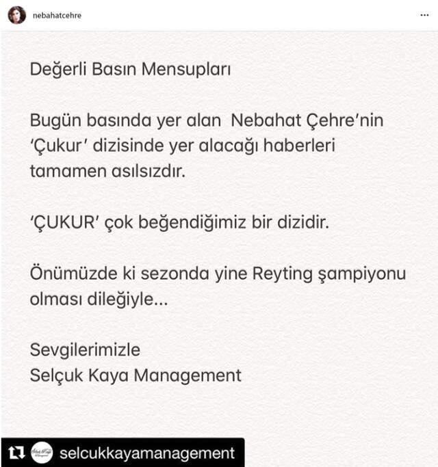 Nebahat Çehre Çukur'da Yer Almayacağını Sosyal Medya Hesabından Duyurdu