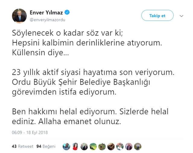Son Dakika! Ordu Belediye Başkanı Enver Yılmaz Görevinden İstifa Etti