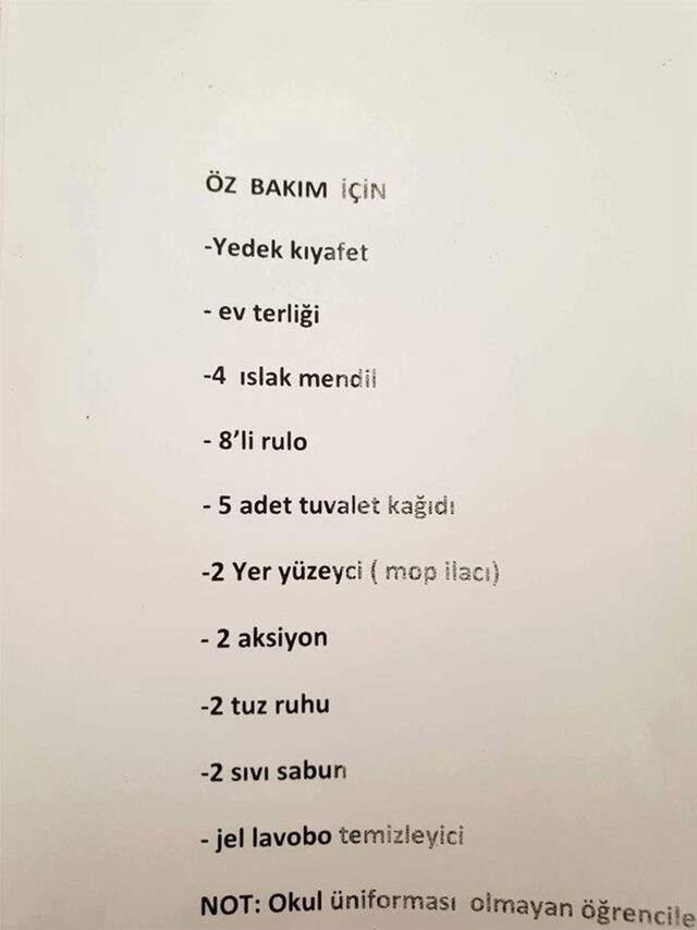KKTC'de Okul Yönetimi Öğrencilerden, Tuvalet Kağıdı, Tuz Ruhu ve Tıraş Köpüğü Gibi Ürünler İstedi