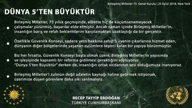 Başkan Erdoğan'dan BM Genel Kurulu Sonrası 'Dünya 5'ten Büyüktür' Paylaşımı