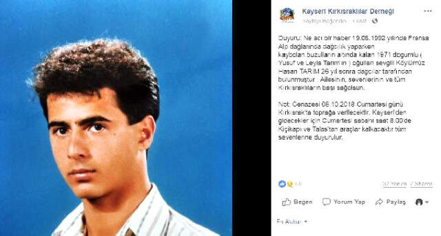 26 Yıl Önce Alp Dağları'nda Kaybolan Kayserili Dağcının Son Fotoğrafı Ortaya Çıktı