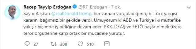 Son Dakika! Erdoğan'dan Trump'ın Teşekkür Mesajına Yanıt: Türk Yargısı Bağımsız Kararını Verdi