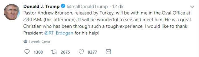 Son Dakika! Trump'tan Rahip Brunson İçin Yeni Açıklama: Erdoğan'a Teşekkür Ediyorum