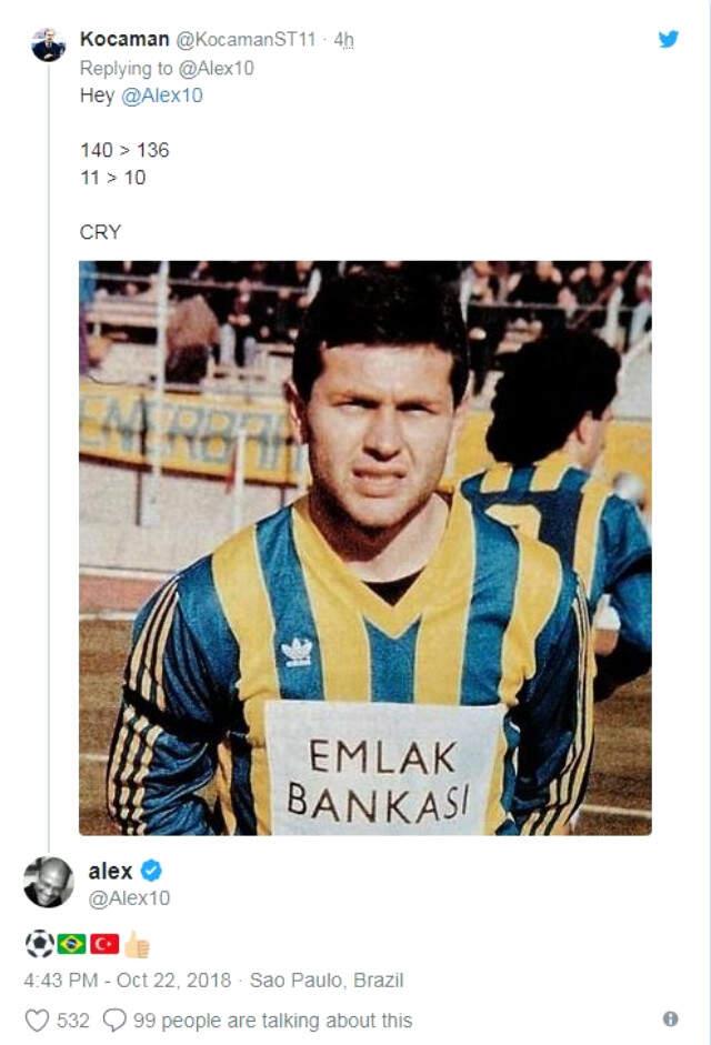 Alex de Souza, Sosyal Medyadan Aykut Kocaman'ın Daha Büyük Bir Futbolcu Olduğunu İddia Eden Bir Taraftara Cevap Verdi