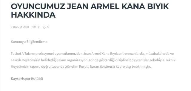 Kayserispor'da Kana Bıyık Süresiz Kadro Dışı Bırakıldı