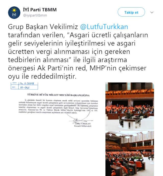İYİ Parti'nin 'Asgari Ücretliden Vergi Alınmasın' Araştırma Önergesi Reddedildi
