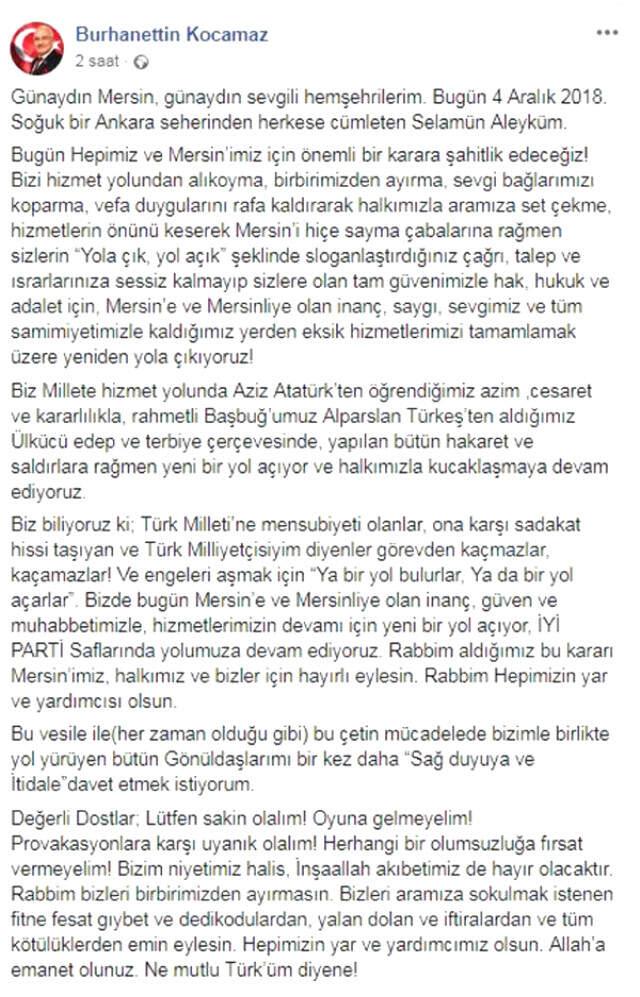 İYİ Parti'ye Geçen Burhanettin Kocamaz'dan Adaylık Sinyali: Mersin'de Yeniden Yola Çıkıyoruz