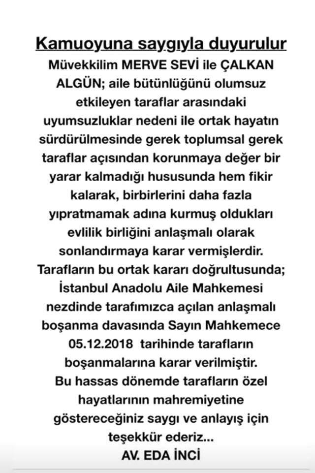 Oyuncu Merve Sevi ile Çalkan Algün Anlaşmalı Olarak Boşandı