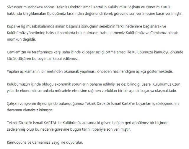 Ankaragücü, İsmail Kartal'ın Görevine Son Verdi