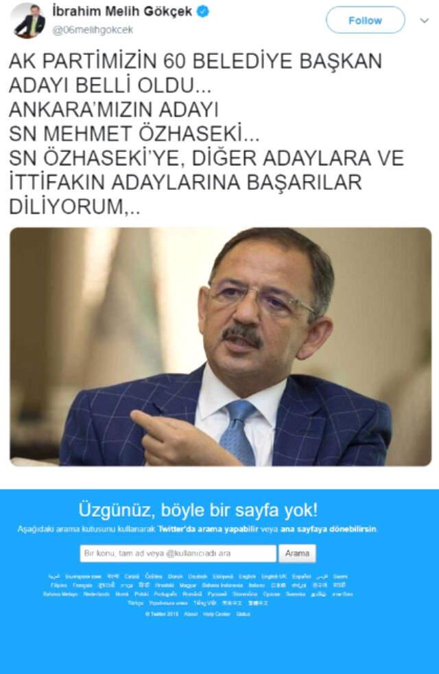 Melih Gökçek, AK Parti'nin Ankara Adayı Mehmet Özhaseki İçin Attığı Destek Tweet'lerini Sildi