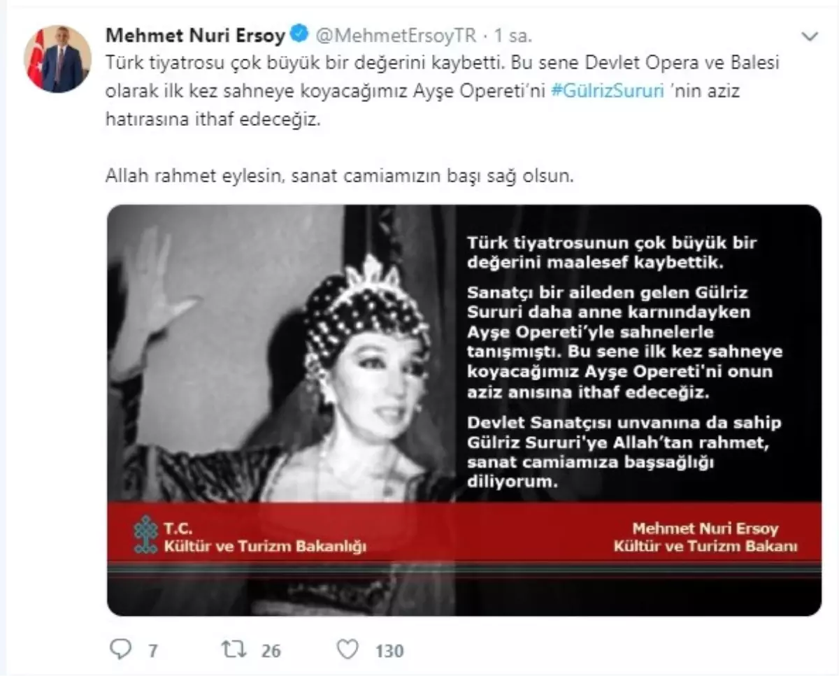 Bakan Mehmet Nuri Ersoy'dan Gülriz Sururi'ye Taziye Mesajı