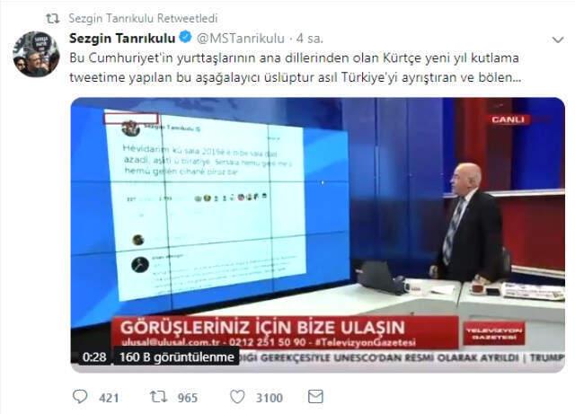 Ulusal Kanal'ın Sunucusu CHP'li Sezgin Tanrıkulu'nun Yeni Yıl İçin Paylaştığı Kürtçe Mesajı Aşağıladı