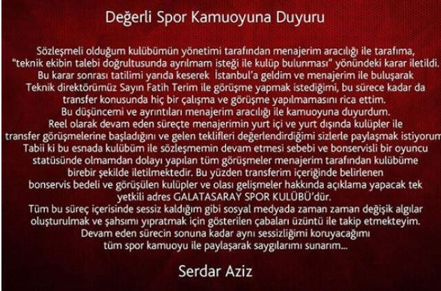 Serdar Aziz, Transferiyle Alakalı Yetkili Olan Kulübün Galatasaray Olduğunu Belirtti