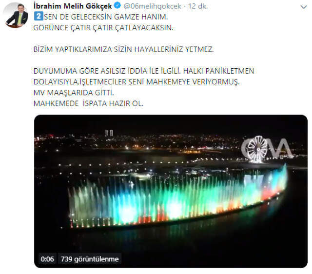 Melih Gökçek, CHP'li Gamze Taşçıer'e Twitter'dan Yüklendi