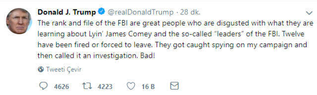 Trump, Twitter Hesabından 15 FBI Çalışanının Kovulduğunu Duyurdu