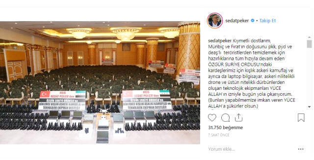 Sedat Peker, Özgür Suriye Ordusuna; Kışlık Bot, Kamuflaj, Drone ve Bilgisayar Yardımında Bulunacak