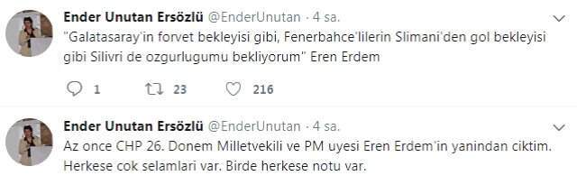 Eren Erdem'den Dikkat Çeken Silivri Mesajı: Galatasaray'ın Forvet Bekleyişi Gibi Özgürlüğümü Bekliyorum
