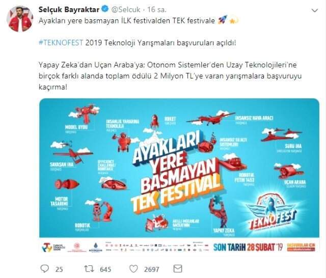 Selçuk Bayraktar, Teknofest 2019'da 2 Milyon Lira Ödül Verileceğini Duyurdu