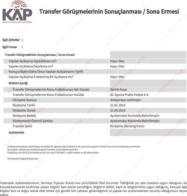 Son Dakika! Galatasaray, Semih Kaya'yı Kiraladığını KAP'A Bildirdi