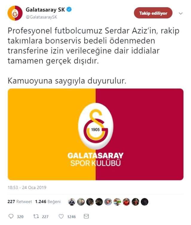 Galatasaray, Serdar Aziz'in Bonservis Bedeli Ödenmeden Rakip Takımlara Transfer Olacağı İddialarını Yalanladı