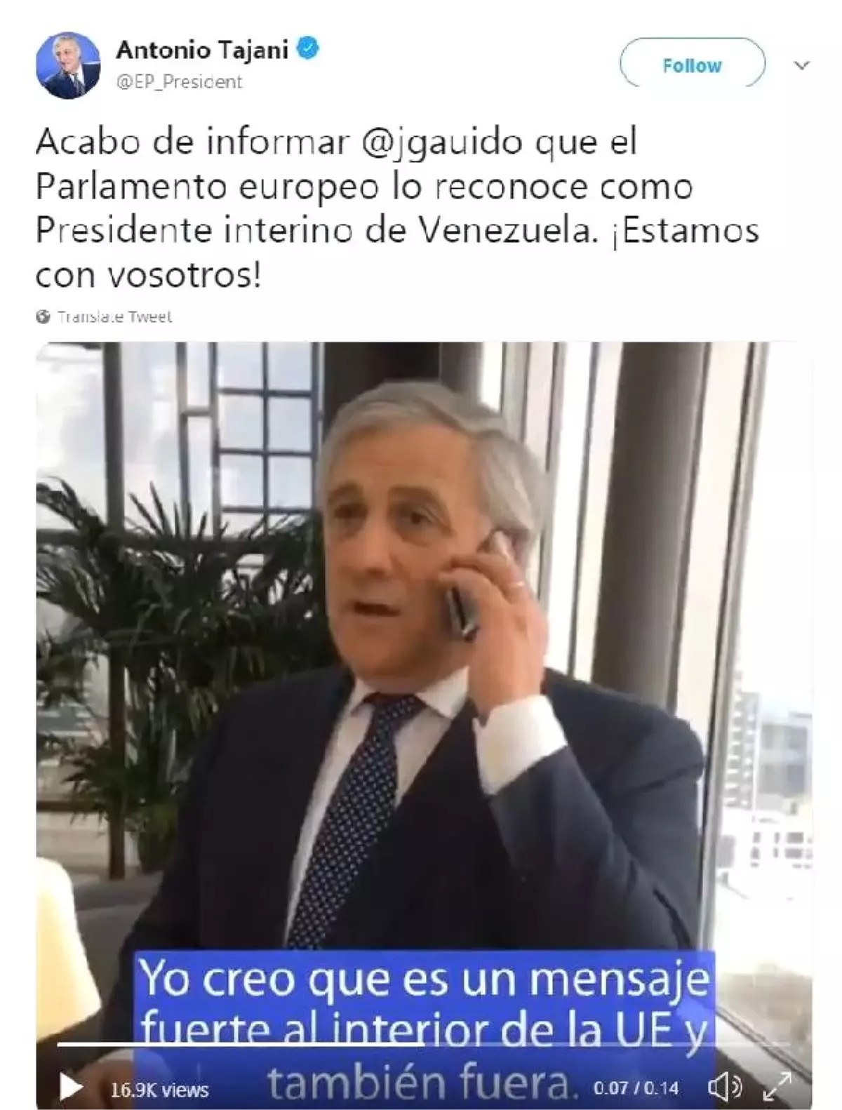 Guaido'yu Tanıyan AP'nin Başkanı Tajani 'Seninleyiz' Mesajı Yayınladı