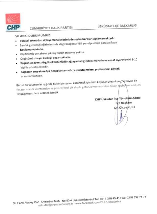 CHP'li İlçe Başkanı, Partisinin Üsküdar Adayını 'Ne Projesi Var Ne Bürosu' Diyerek Şikayet Etti