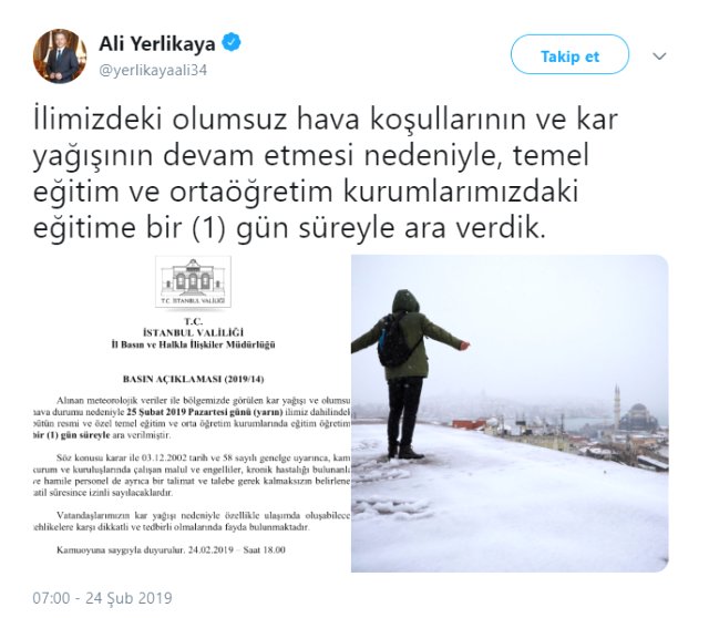 Vali Yerlikaya Duyurdu! İstanbul'da Okullar Yarın Tatil