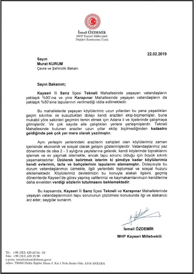 MHP'li Özdemir Tekneli ve Karapınar Mahallelerindeki Tapu Sorununu Gündeme Getirdi MHP'li Özdemir Tekneli ve Karapınar Mahallelerindeki Tapu Sorununu Gündeme Getirdi