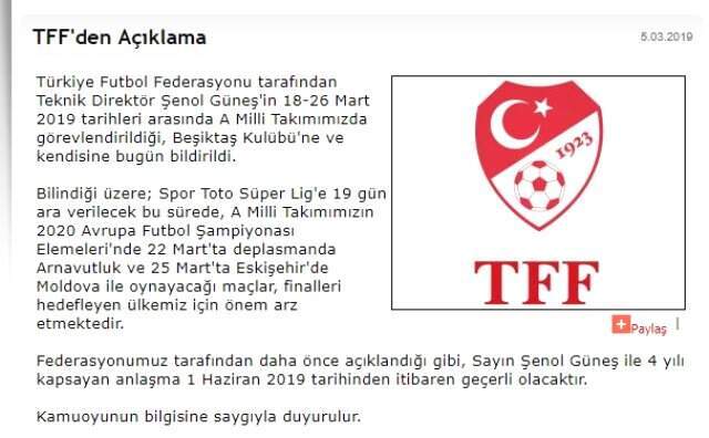 Türkiye Futbol Federasyonundan Şenol Güneş Açıklaması!
