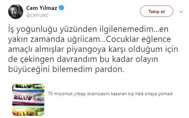 Cem Yılmaz'dan 70 Milyon Liralık Piyango Tweeti: Yoğunluktan İlgilenemedim!