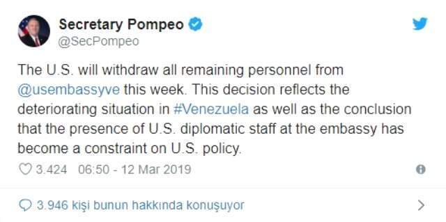 ABD, Venezuela'da Görev Yapan Personelini Geri Çekiyor