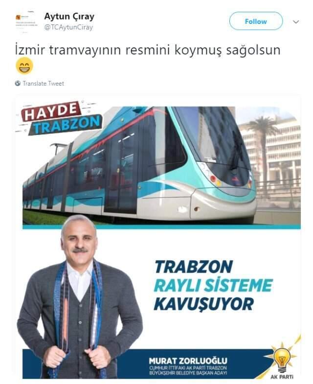 AK Parti'nin Trabzon Adayı Zorluoğlu, Afişinde İzmir Tramvayını Kullandı