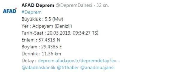 Son Dakika! Merkez Üssü Denizli Acıpayam İlçesinde 5,5 Büyüklüğünde Deprem Meydana Geldi