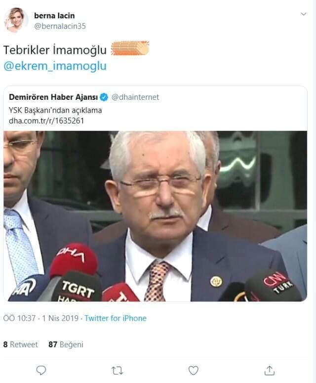 YSK Başkanı'nın Önde Olduğunu Duyurduğu İmamoğlu'na İlk Tebrik Oyuncu Berna Laçin'den Geldi