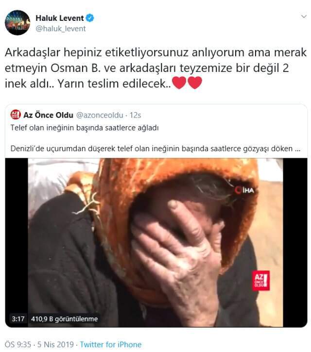 Haluk Levent, İneği Uçurumdan Düşerek Telef Olan Yaşlı Kadına İki Tane İnek Aldı