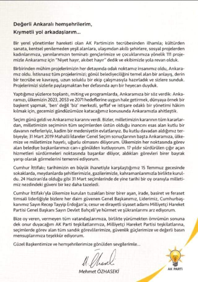 Özhaseki: Seçim Sonuçlarının Ankara'mıza Hayırlı Olmasını Diliyorum