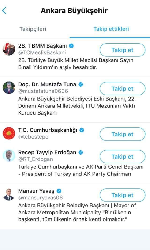 Ankara Büyükşehir Belediyesi Twitter Hesabı, Binali Yıldırım Takipten Çıkardı
