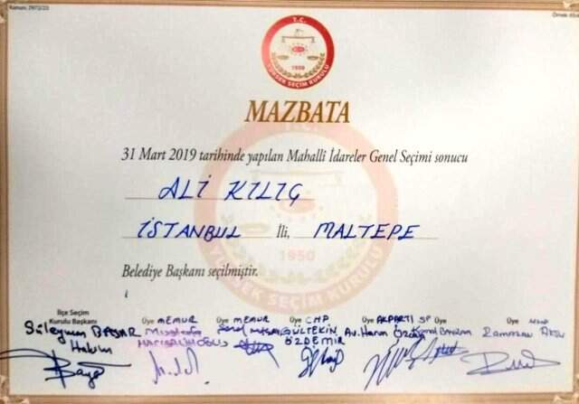 Maltepe Belediye Başkanı Ali Kılıç, Mazbatasının Fotoğrafını Paylaştı