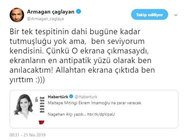 Armağan Çağlayan'dan Değişik Paylaşım: Nagehan Alçı Olmasaydı Ekranların Antipatik Yüzü Ben Olacaktım