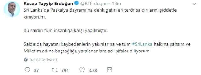 Erdoğan'dan Sri Lanka'daki Kanlı Saldırıyla İlgili Mesaj: Şiddetle Kınıyorum