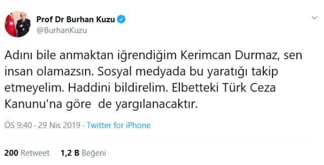 AK Parti Kurucusu Burhan Kuzu'dan Tuvalette Cinsel Organını Gösterdiği Söylenen Kerimcan Durmaz'a Tepki