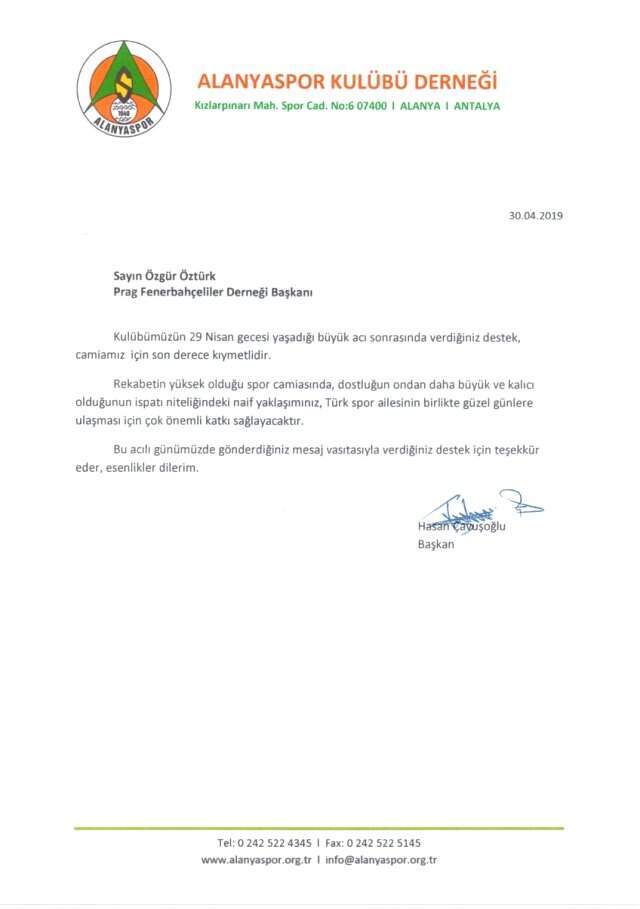 Alanyaspor'dan Prag Fenerbahçeliler Derneği'ne Teşekkür