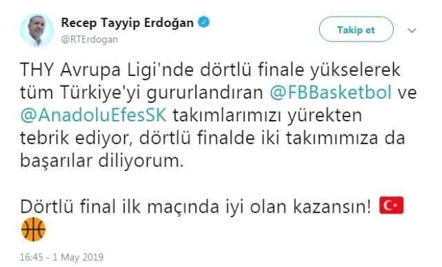 Cumhurbaşkanı Erdoğan'dan Fenerbahçe Beko ve Anadolu Efes'e Tebrik