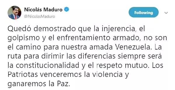 Maduro: Darbeler, Silahlı Çatışmalar Venezuela'mızın Yolu Değil Maduro: Darbeler, Silahlı Çatışmalar Venezuela'mızın Yolu Değil