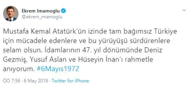 Ekrem İmamoğlu'ndan Deniz Gezmiş Paylaşımı