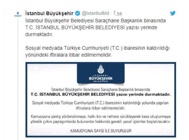 İBB'den Açıklama: T.C. İstanbul Büyükşehir Belediyesi Yazısı Yerinde Durmaktadır