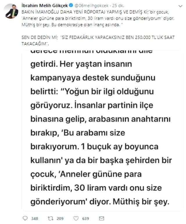 Melih Gökçek'ten Ekrem İmamoğlu'na 250 Bin TL'lik Saat Göndermesi