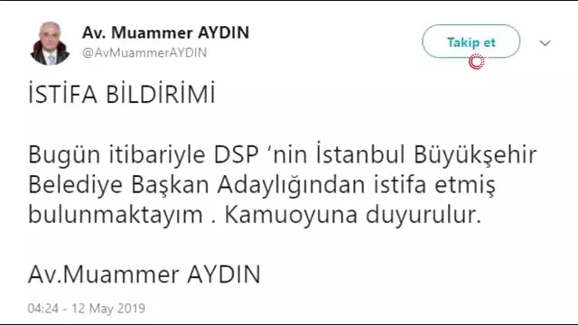 DSP Adayı İstanbul Büyükşehir Belediyesi Seçiminden Çekildi DSP Adayı İstanbul Büyükşehir Belediyesi Seçiminden Çekildi