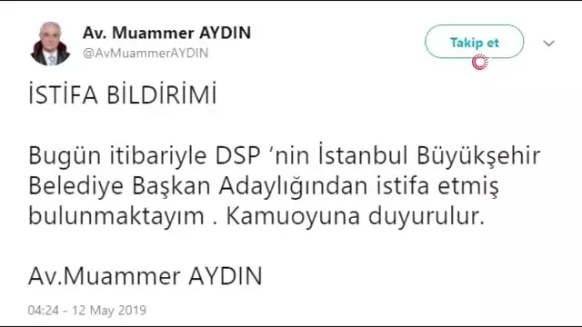 DSP Adayı İstanbul Büyükşehir Belediyesi Seçiminden Çekildi DSP Adayı İstanbul Büyükşehir Belediyesi Seçiminden Çekildi