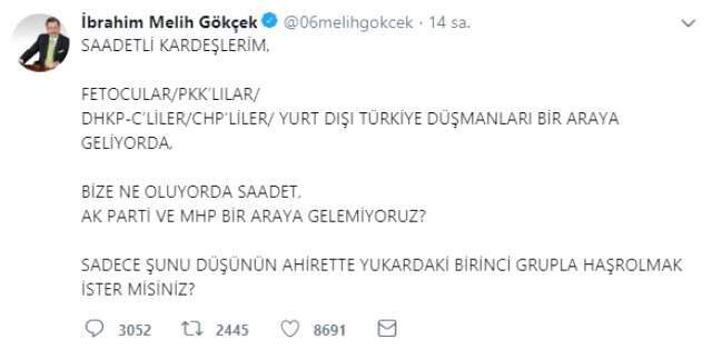 Melih Gökçek'ten Saadet Partisi'ne 'İstanbul' Çağrısı: Bir Araya Gelelim